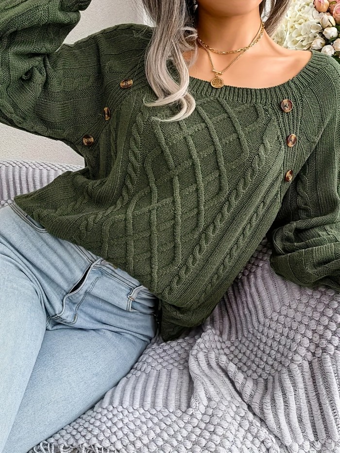 Cable Knitted Button Sweater, Casual Long Sleeve Sweater For Fall & Winter, Women's Clothing