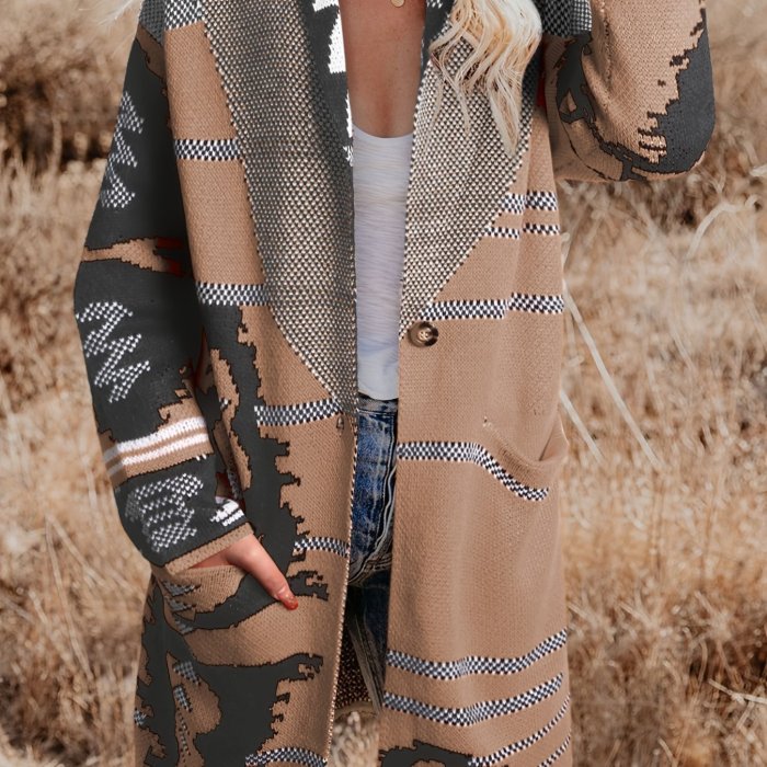 Geometric Print Cardigan, Lapel Long Sleeve Cardigan For Fall & Winter, Women's Clothing
