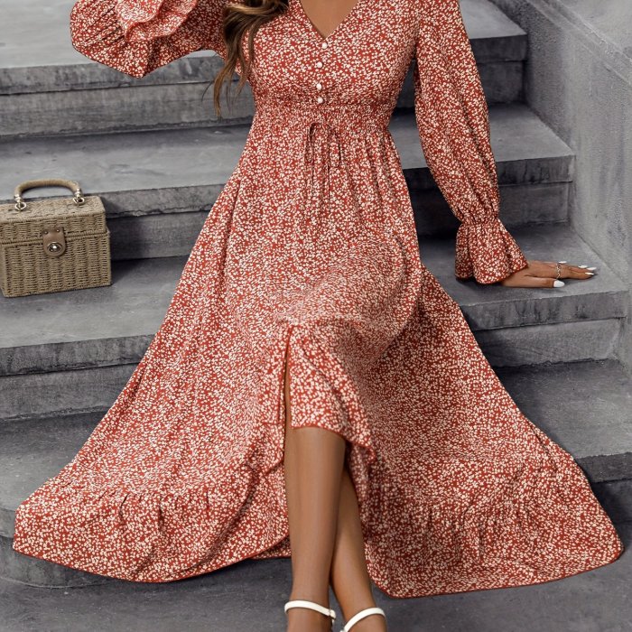 Ditsy Floral Print Dress, Casual V Neck Long Sleeve Dress, Women's Clothing