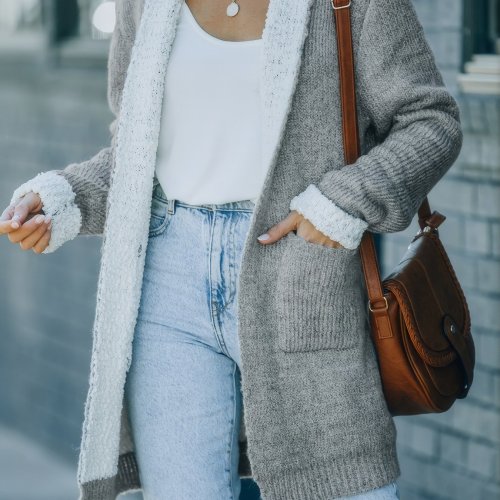 Women's Sweater Grey Long Pocket Open Front Knit Sweater Cardigan