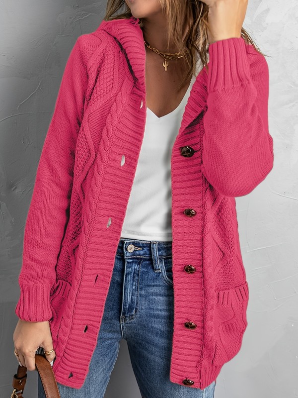 Oversized Knit Hoodie, Long Chunky Knit Front Pocket Hooded Cardigan Sweater, Casual Tops For Fall & Winter, Women's Clothing