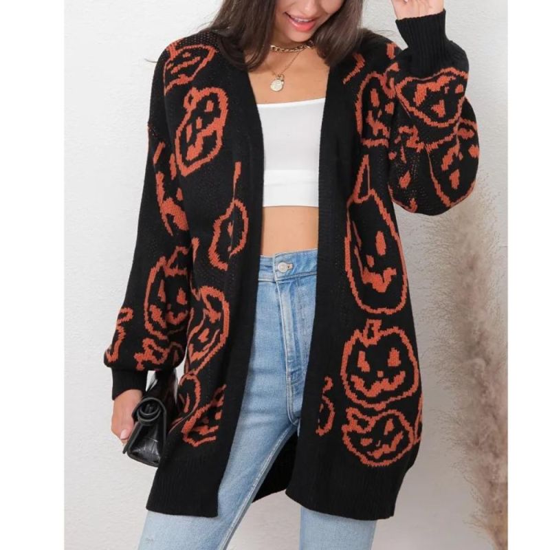 Halloween Pumpkin Pattern Knit Cardigan, Casual Open Front Long Sleeve Sweater, Women's Clothing