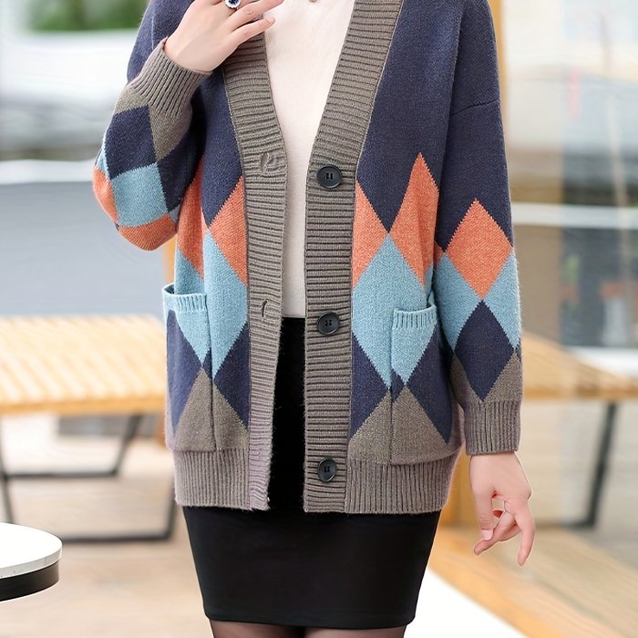 Argyle Pattern Long Sleeve Cardigan, Button Up Loose Casual Sweater, Women's Clothing