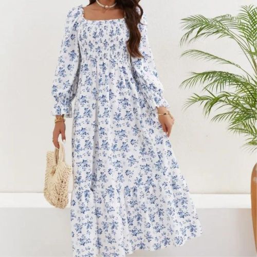 Floral Print Shirred Dress, Elegant Long Sleeve Maxi Dress, Women's Clothing