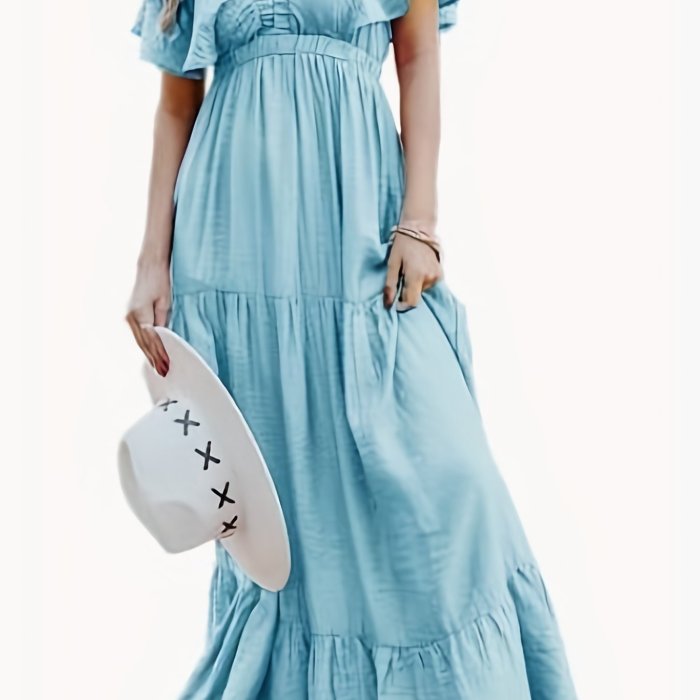 Boho Butterfly Sleeve V Neck Maxi Dress, Short Sleeve Flowy  Summer Dresses, Women's Clothing