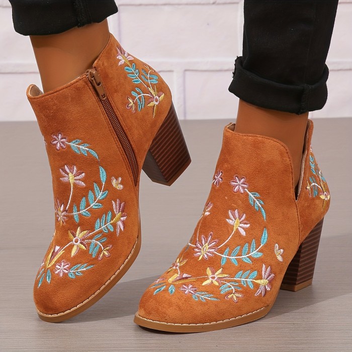 Women's Floral Embroidery Ankle Boots, Retro V-cut Stacked Chunky Heeled Shoes,, Pull On Cowboy Short Boots