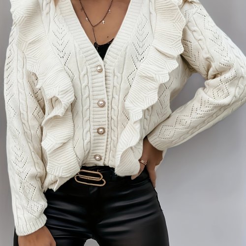 Beaded Button Cable Knit Cardigan, Casual Long Sleeve Ruffle Pointelle Sweater, Women's Clothing
