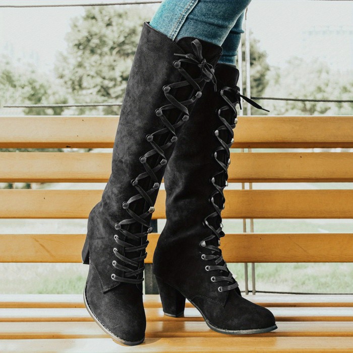 Women's Chunky Heeled Long Boots, Retro Solid Color Lace Up Knee High Boots, Casual Heeled Riding Boots