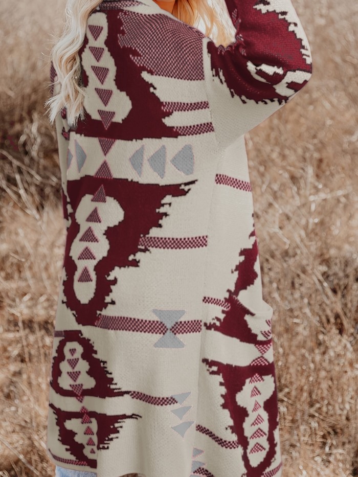 Geometric Print Cardigan, Lapel Long Sleeve Cardigan For Fall & Winter, Women's Clothing