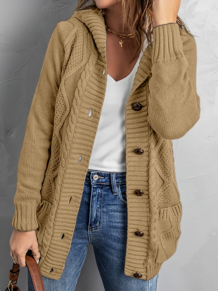 Oversized Knit Hoodie, Long Chunky Knit Front Pocket Hooded Cardigan Sweater, Casual Tops For Fall & Winter, Women's Clothing