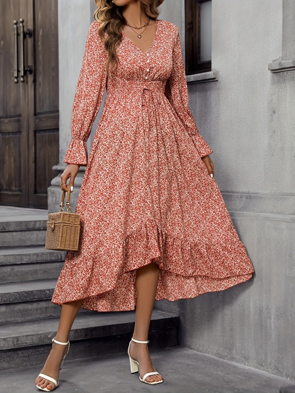 Ditsy Floral Print Dress, Casual V Neck Long Sleeve Dress, Women's Clothing