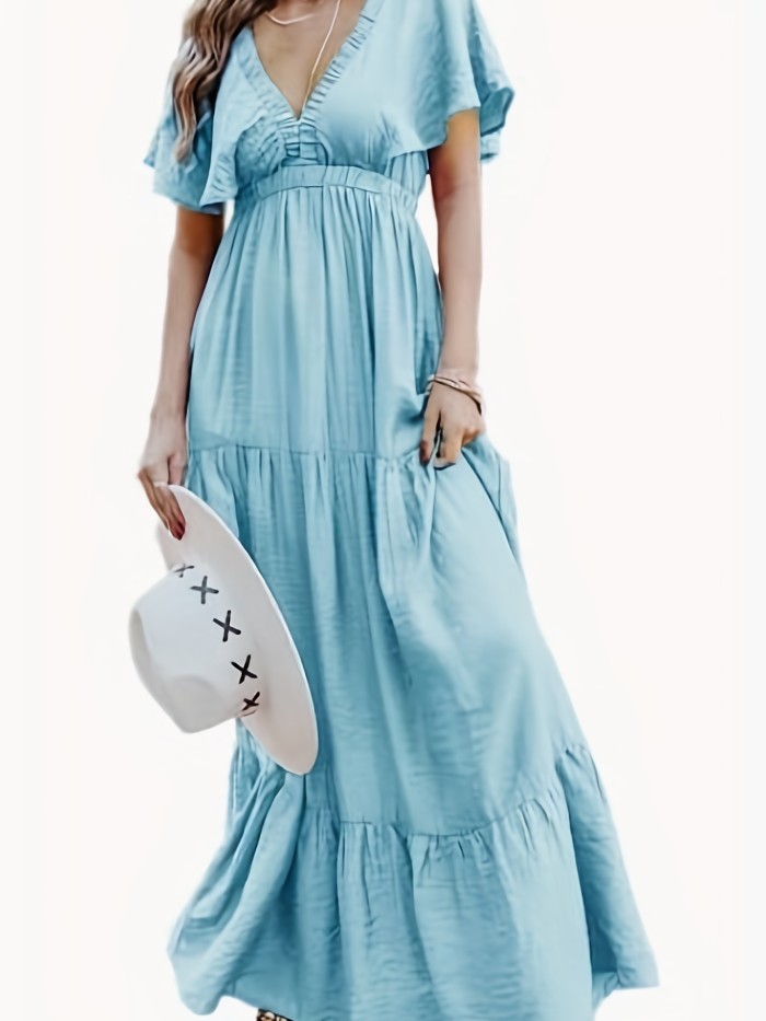 Boho Butterfly Sleeve V Neck Maxi Dress, Short Sleeve Flowy  Summer Dresses, Women's Clothing