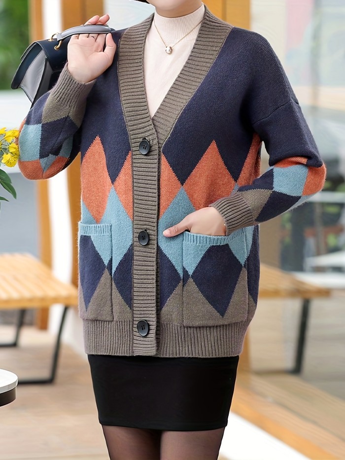 Argyle Pattern Long Sleeve Cardigan, Button Up Loose Casual Sweater, Women's Clothing