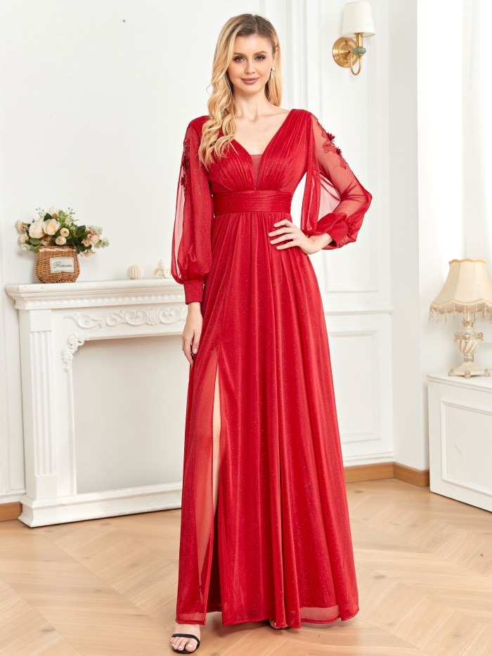 Split Hem Applique Bridesmaid Dress, Elegant Long Sleeve V-neck Dress For Wedding Party, Women's Clothing