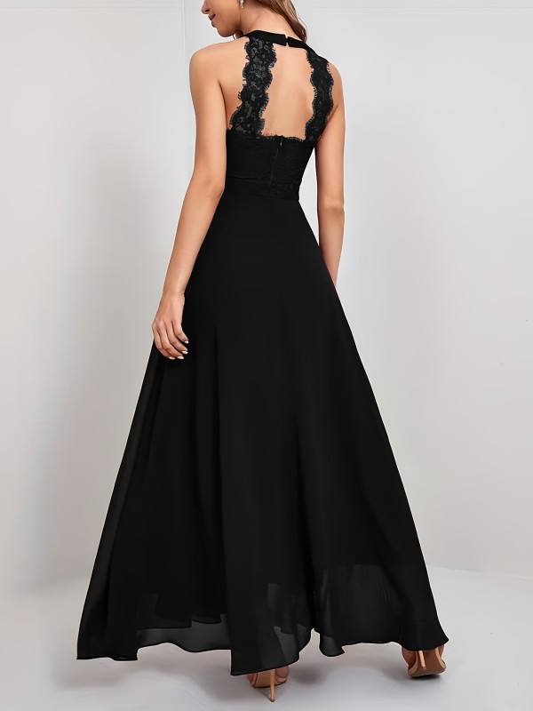 Contrast Lace Backless Dress, Elegant Sleeveless High Waist Party Maxi Dress, Women's Clothing