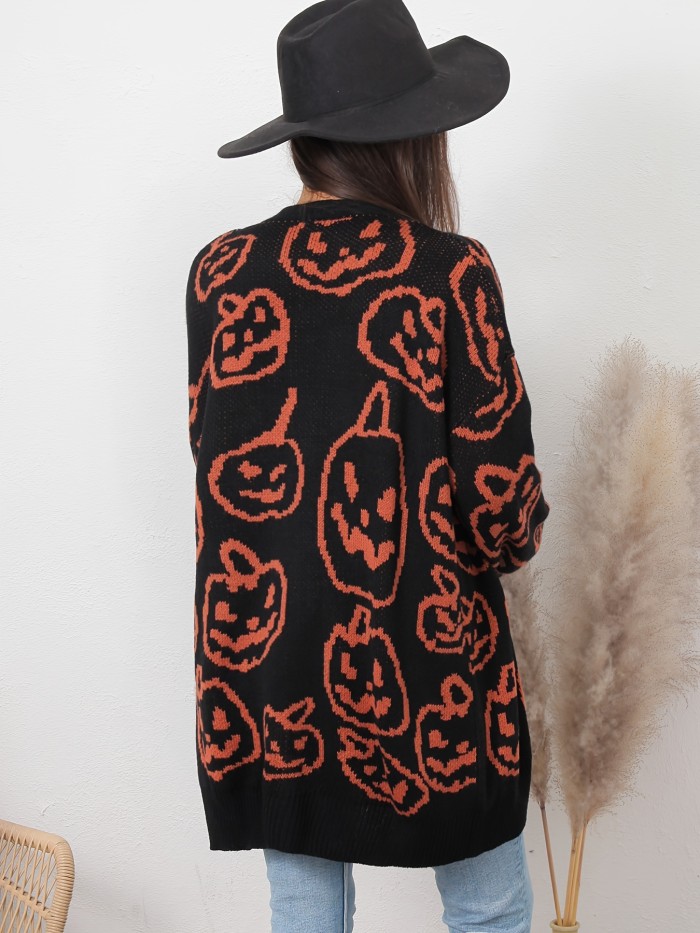 Halloween Pumpkin Pattern Knit Cardigan, Casual Open Front Long Sleeve Sweater, Women's Clothing