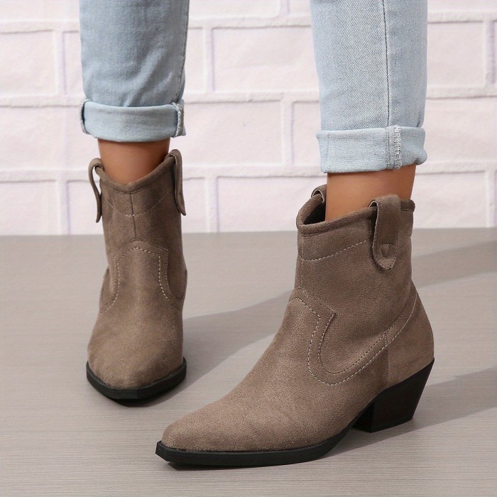 Women's Retro Ankle Boots, Solid Color Pointed Toe Slip On Western Boots, Chunky Low Heeled Cowboy Boots