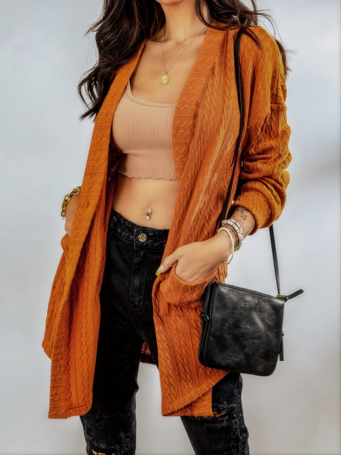 Women's Sweater  Brown Textured Plus Pocket Single Breasted Cardigan