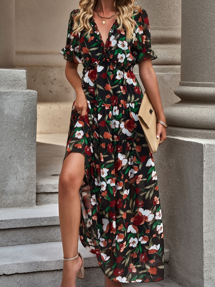 Elegant Floral Print V Neck Dress, Short Sleeve Ankle Dress, Casual Every Day Dress, Women's Clothing