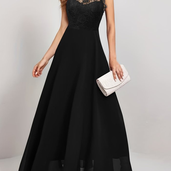 Contrast Lace Backless Dress, Elegant Sleeveless High Waist Party Maxi Dress, Women's Clothing