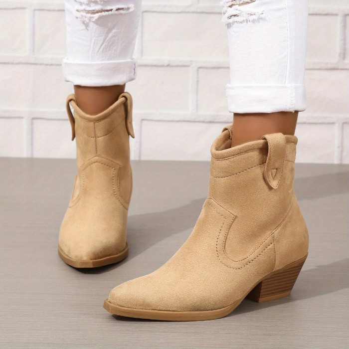 Women's Retro Ankle Boots, Solid Color Pointed Toe Slip On Western Boots, Chunky Low Heeled Cowboy Boots