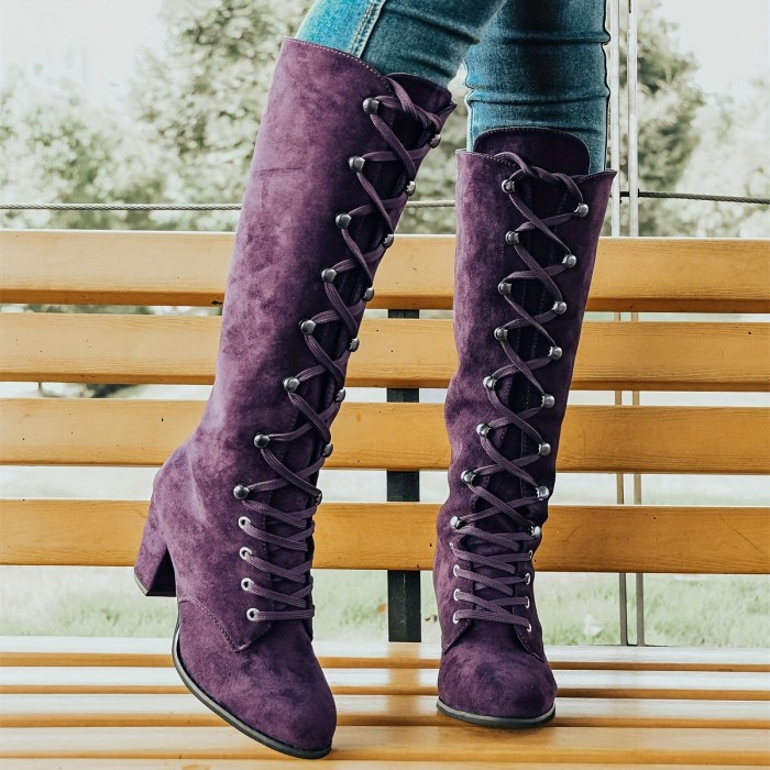 Women's Chunky Heeled Long Boots, Retro Solid Color Lace Up Knee High Boots, Casual Heeled Riding Boots