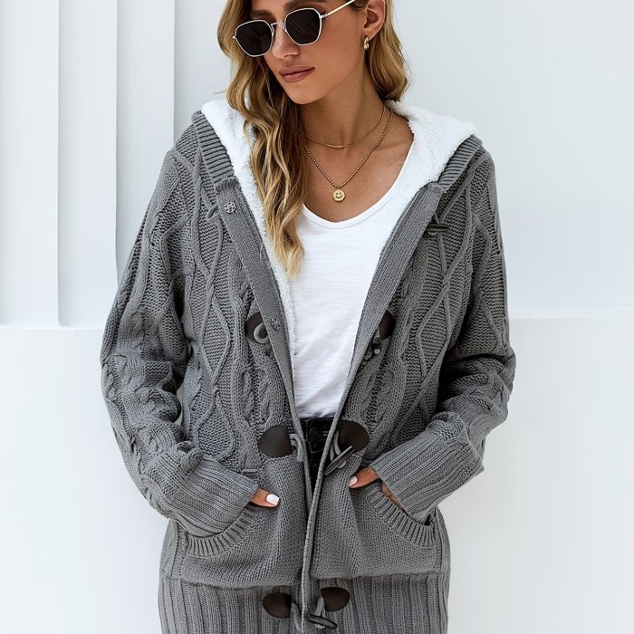 Women's Outerwear Raw Hooded Flare Button Sweater Cardigan