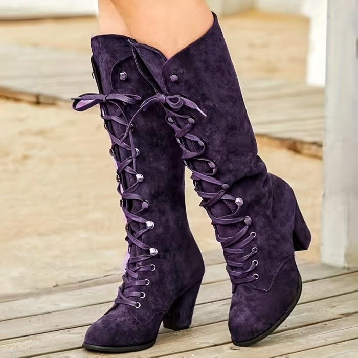 Women's Chunky Heeled Long Boots, Retro Solid Color Lace Up Knee High Boots, Casual Heeled Riding Boots