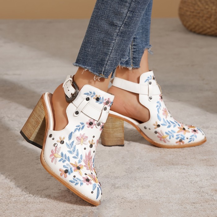 Women's Embroidered & Studded Decor Chunky Heeled Boots, Slingback Faux Leather Ankle Boots, Women's Footwear