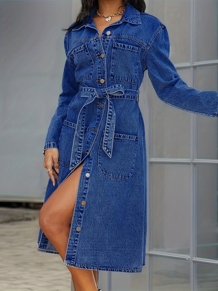 Blue Long Sleeves Denim Dress, Patch Pockets Single Breasted Button With Waistband Lapel Denim Dress, Women's Denim Clothing