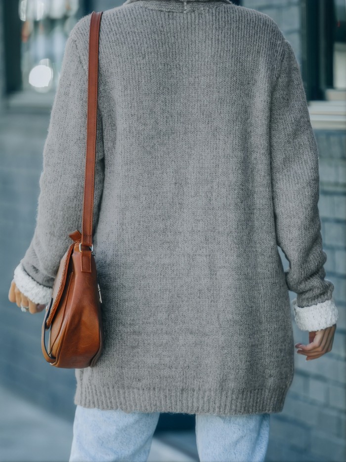 Women's Sweater Grey Long Pocket Open Front Knit Sweater Cardigan