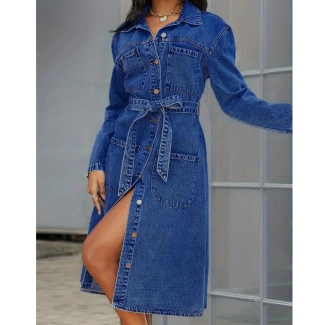 Blue Long Sleeves Denim Dress, Patch Pockets Single Breasted Button With Waistband Lapel Denim Dress, Women's Denim Clothing