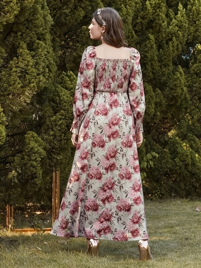 Vintage Floral Print Maxi Dress, Elegant Shirred Long Sleeve Dress, Women's Clothing