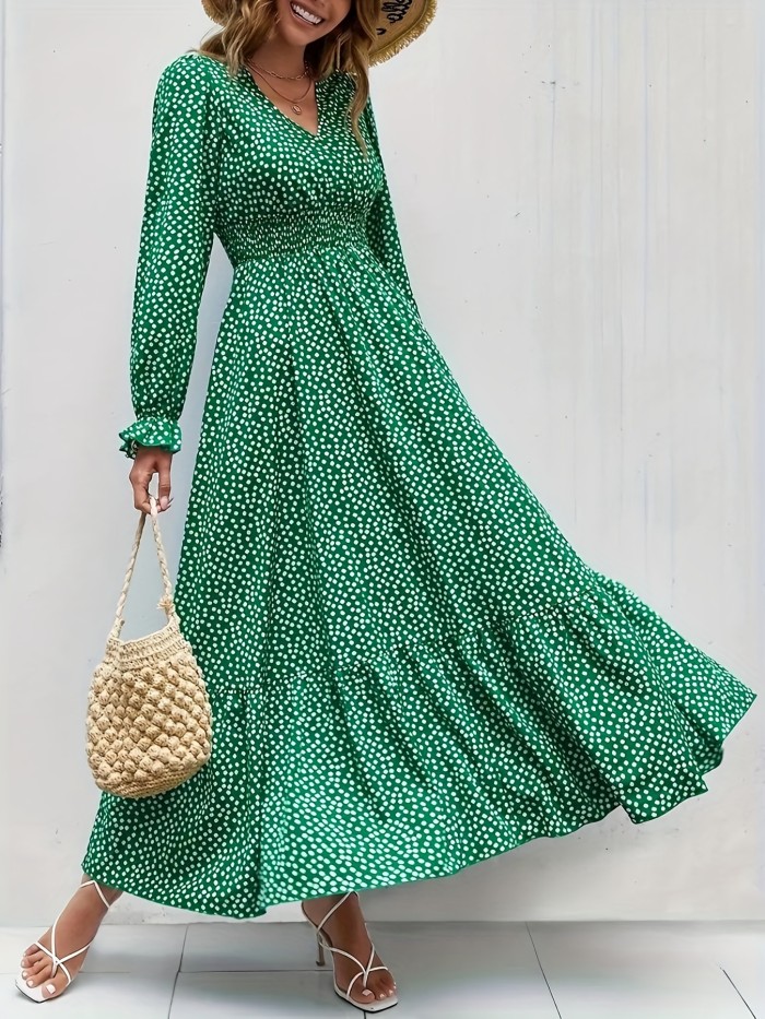 Plus Size Vacay Maxi Dress, Women's Plus Polka Dot Print Long Sleeve V Neck Maxi Dress