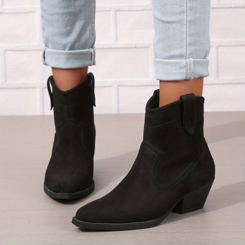 Women's Retro Ankle Boots, Solid Color Pointed Toe Slip On Western Boots, Chunky Low Heeled Cowboy Boots