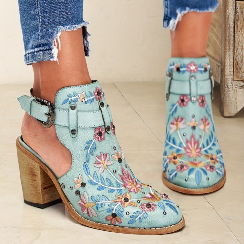Women's Embroidered & Studded Decor Chunky Heeled Boots, Slingback Faux Leather Ankle Boots, Women's Footwear