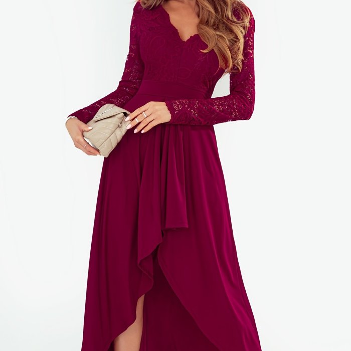 Women's Dresses Casual Solid Lace V Neck Fashion High-low Hem Evening Dress,bridesmaid Dress For Wedding Party Night Out Cocktail, Women's Clothing