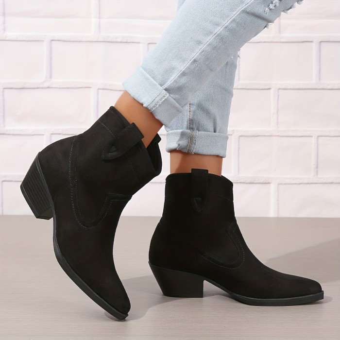 Women's Retro Ankle Boots, Solid Color Pointed Toe Slip On Western Boots, Chunky Low Heeled Cowboy Boots