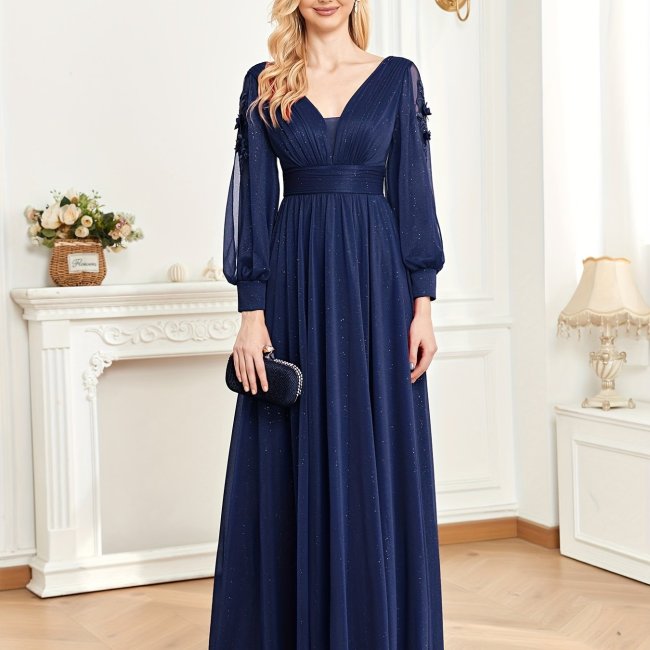 Split Hem Applique Bridesmaid Dress, Elegant Long Sleeve V-neck Dress For Wedding Party, Women's Clothing