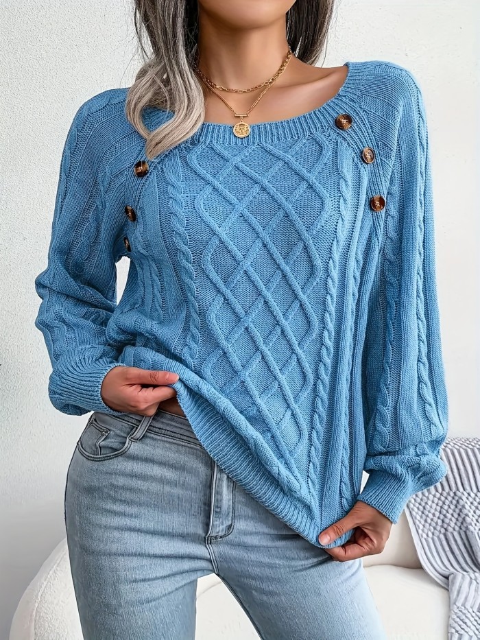 Cable Knitted Button Sweater, Casual Long Sleeve Sweater For Fall & Winter, Women's Clothing