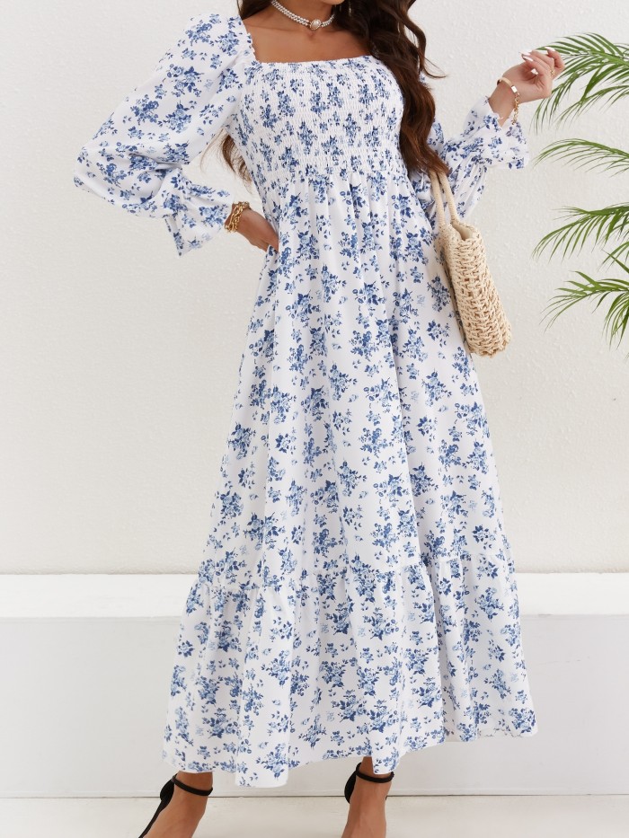 Floral Print Shirred Dress, Elegant Long Sleeve Maxi Dress, Women's Clothing