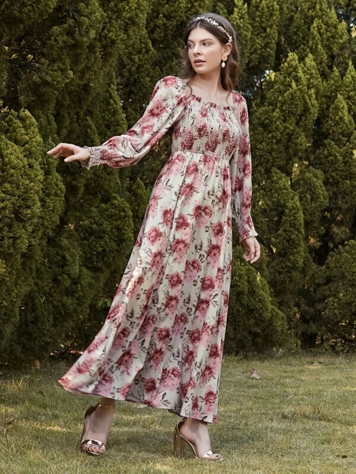 Vintage Floral Print Maxi Dress, Elegant Shirred Long Sleeve Dress, Women's Clothing