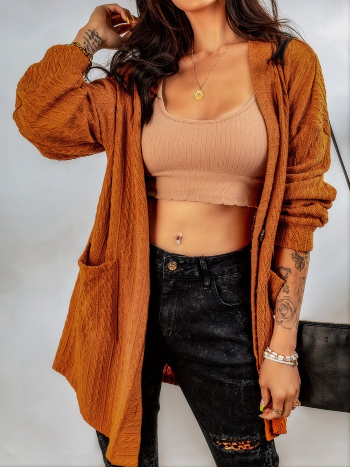 Women's Sweater  Brown Textured Plus Pocket Single Breasted Cardigan