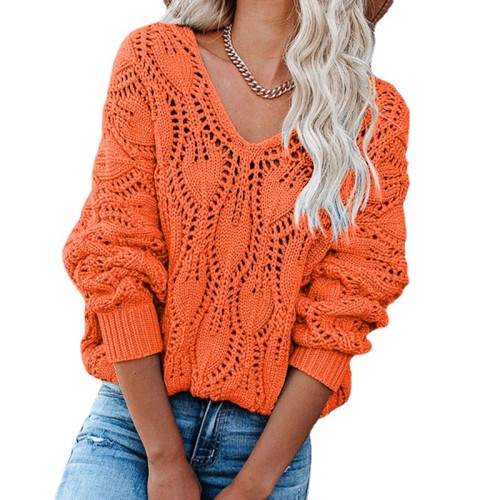 Women Hollow Style V Neck Long Sleeve knitted Sweater