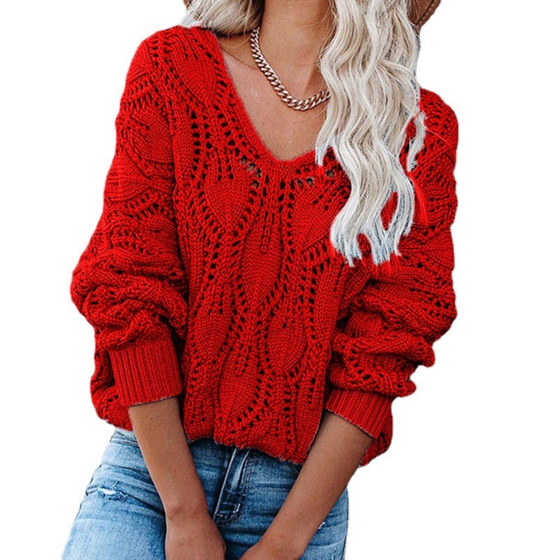 Women Hollow Style V Neck Long Sleeve knitted Sweater