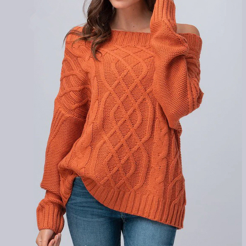 Women Slash Neck Streetwear Casual Kintted Sweater