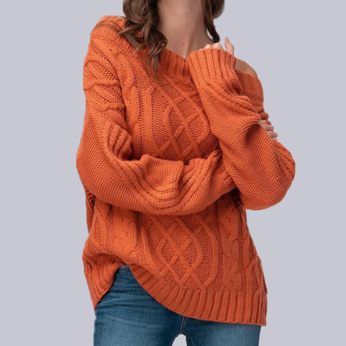 Women Slash Neck Streetwear Casual Kintted Sweater