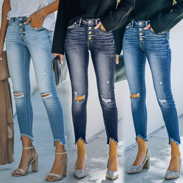 Women Ripped Light Wash Jeans High-Rise Skinny Jeans Pants