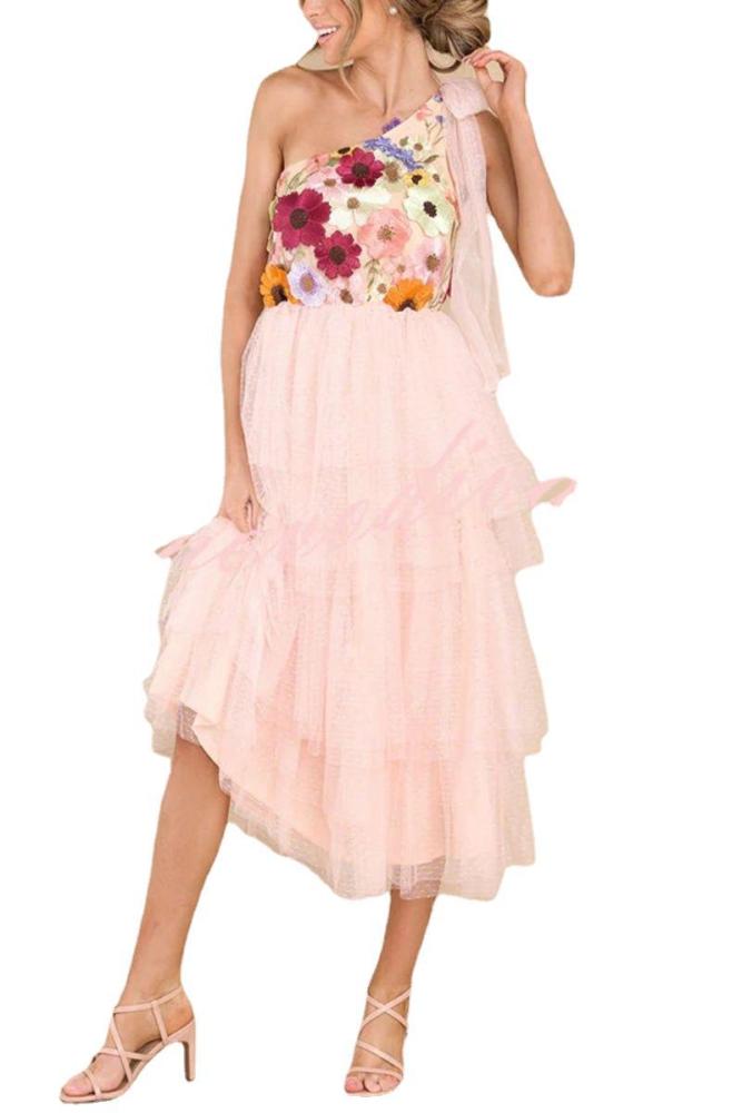 One Shoulder Prom A-Line Tulle Formal High Slit Corset Floral Party  Evening Dress
