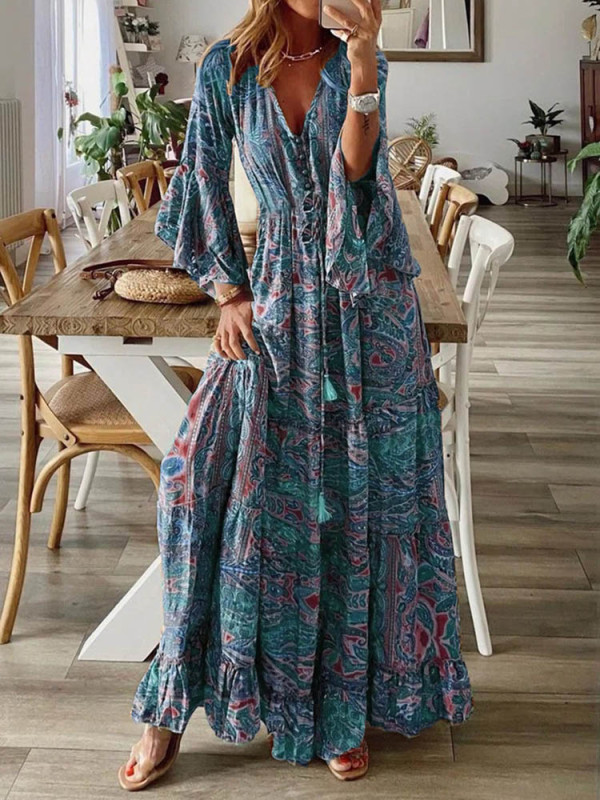 Fashion Bohemian Casual V Neck Long Sleeve Vintage Floral Maxi Dress